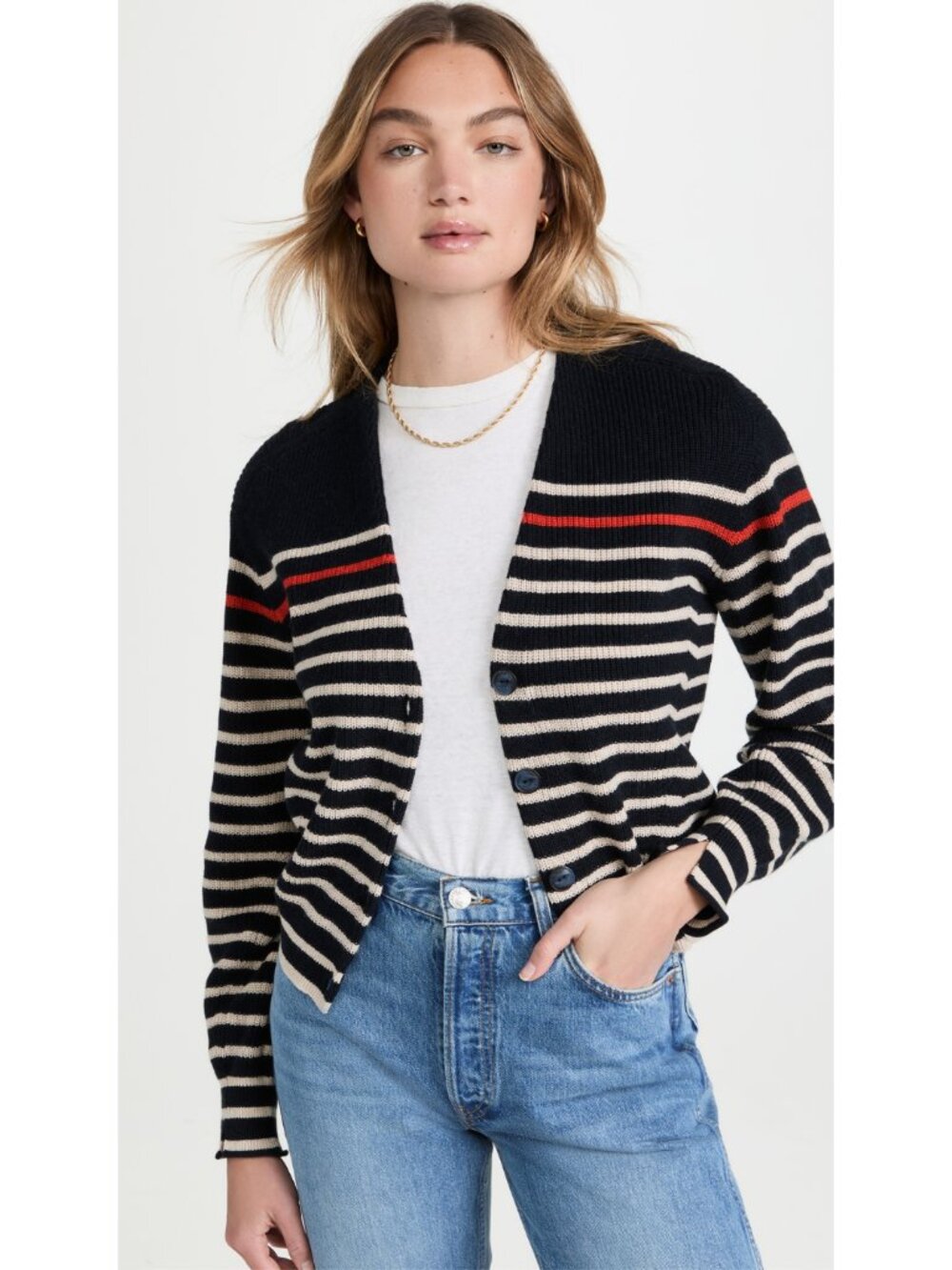 Rag & Bone Ann Striped Cardigan Navy White Cotton Cashmere Shaker Knit Small NWT